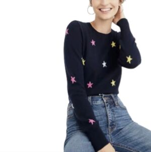 J. Crew Cashmere Sweater Navy Blue With a Yellow, Pink, White Star Pattern XS